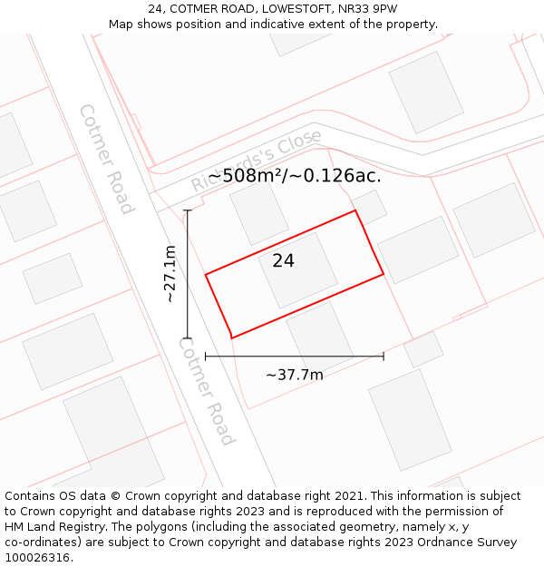 24, COTMER ROAD, LOWESTOFT, NR33 9PW: Plot and title map