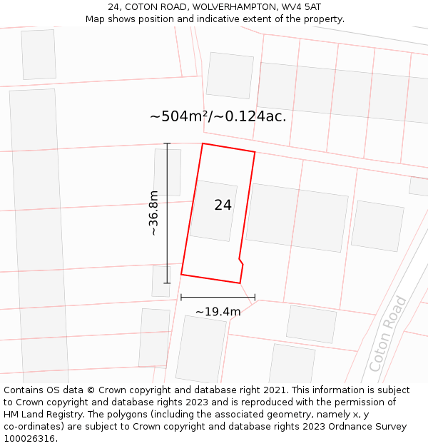 24, COTON ROAD, WOLVERHAMPTON, WV4 5AT: Plot and title map