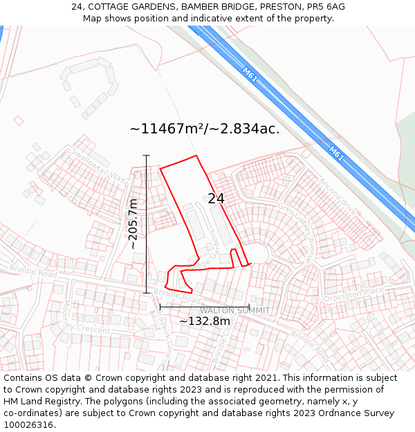 24, COTTAGE GARDENS, BAMBER BRIDGE, PRESTON, PR5 6AG: Plot and title map