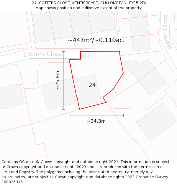 24, COTTERS CLOSE, KENTISBEARE, CULLOMPTON, EX15 2DJ: Plot and title map