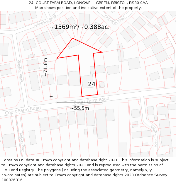 24, COURT FARM ROAD, LONGWELL GREEN, BRISTOL, BS30 9AA: Plot and title map