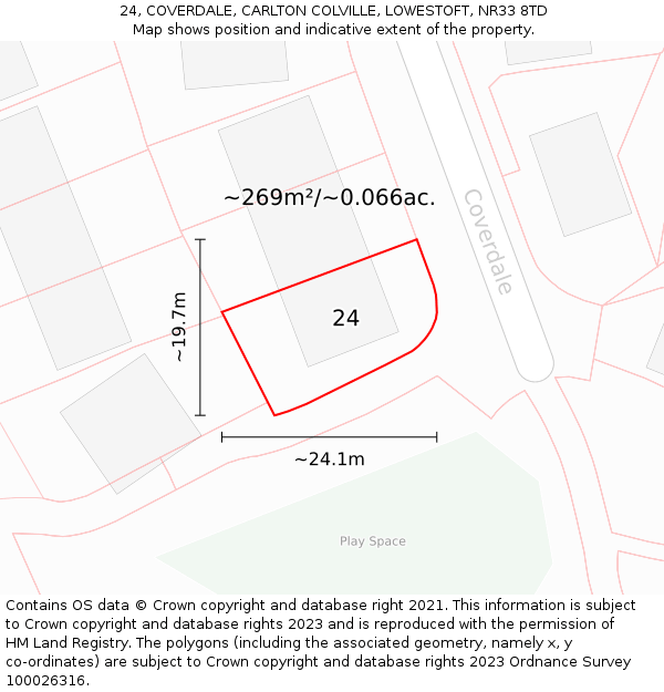 24, COVERDALE, CARLTON COLVILLE, LOWESTOFT, NR33 8TD: Plot and title map