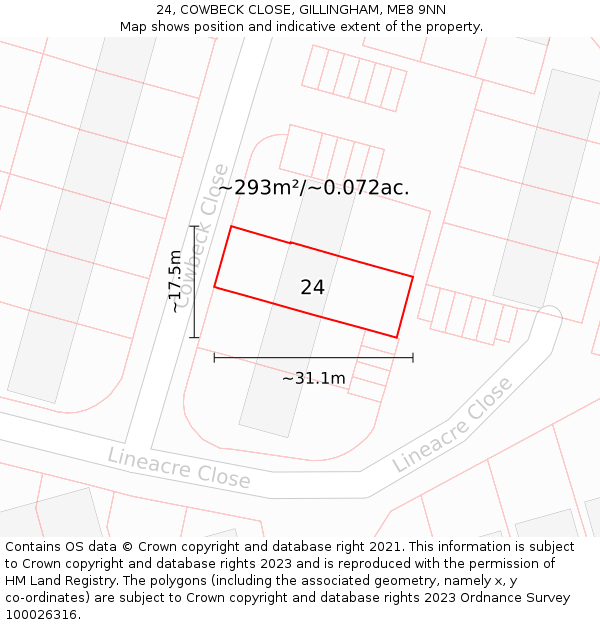 24, COWBECK CLOSE, GILLINGHAM, ME8 9NN: Plot and title map