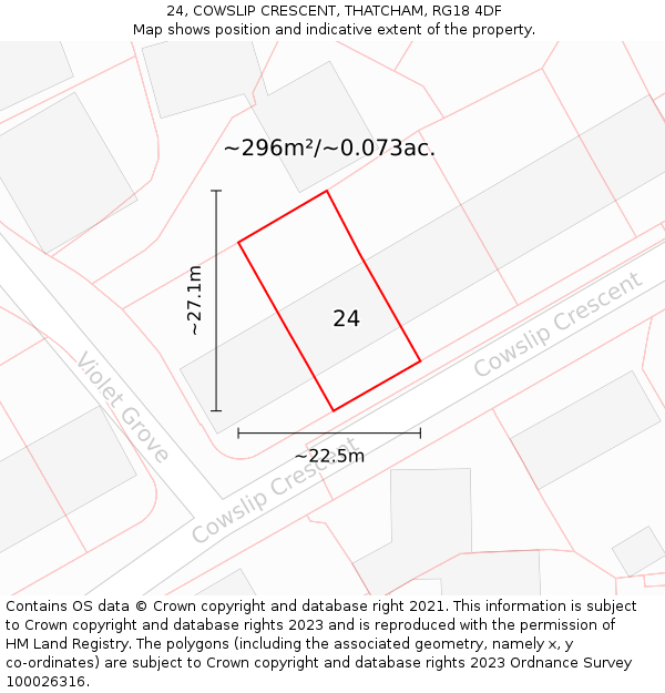 24, COWSLIP CRESCENT, THATCHAM, RG18 4DF: Plot and title map