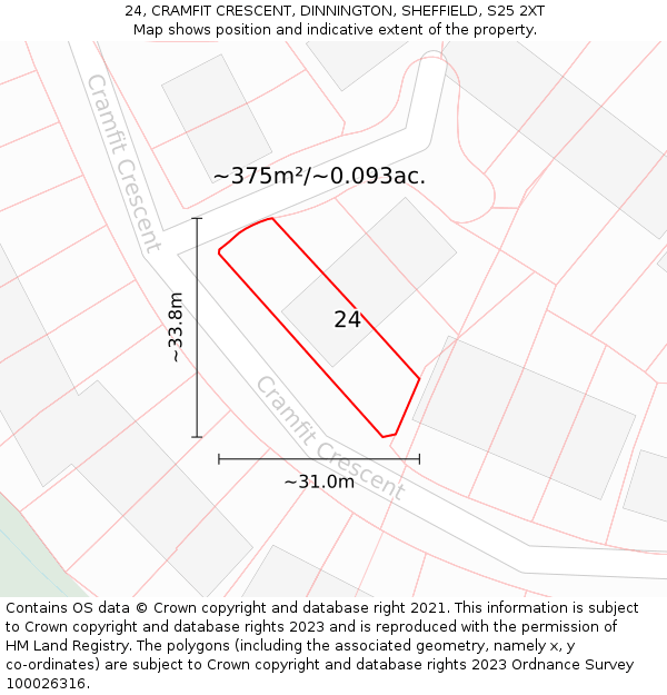 24, CRAMFIT CRESCENT, DINNINGTON, SHEFFIELD, S25 2XT: Plot and title map
