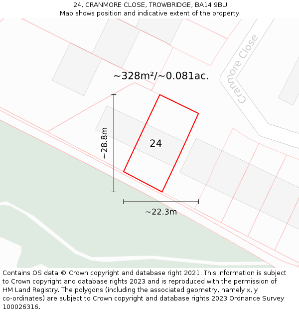 24, CRANMORE CLOSE, TROWBRIDGE, BA14 9BU: Plot and title map