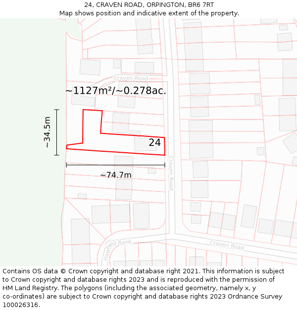 24, CRAVEN ROAD, ORPINGTON, BR6 7RT: Plot and title map