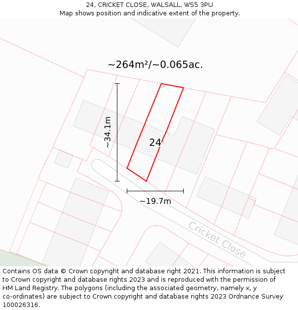 24, CRICKET CLOSE, WALSALL, WS5 3PU: Plot and title map