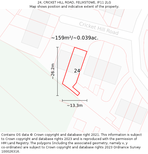 24, CRICKET HILL ROAD, FELIXSTOWE, IP11 2LG: Plot and title map