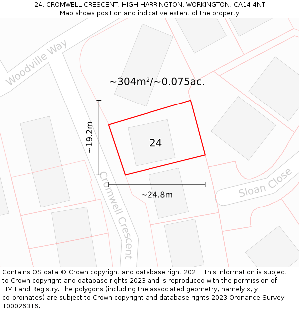 24, CROMWELL CRESCENT, HIGH HARRINGTON, WORKINGTON, CA14 4NT: Plot and title map