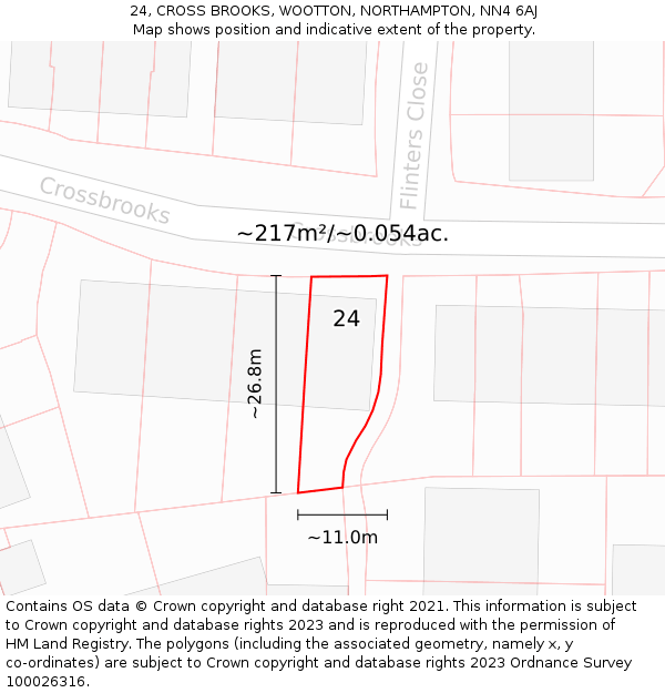 24, CROSS BROOKS, WOOTTON, NORTHAMPTON, NN4 6AJ: Plot and title map