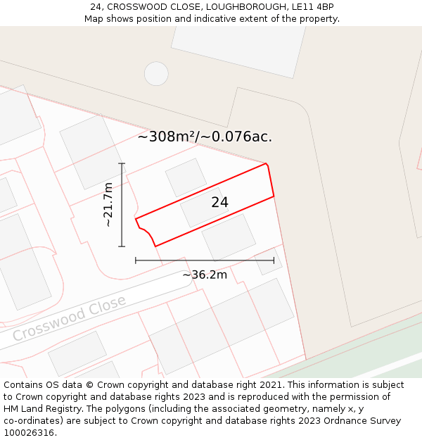 24, CROSSWOOD CLOSE, LOUGHBOROUGH, LE11 4BP: Plot and title map