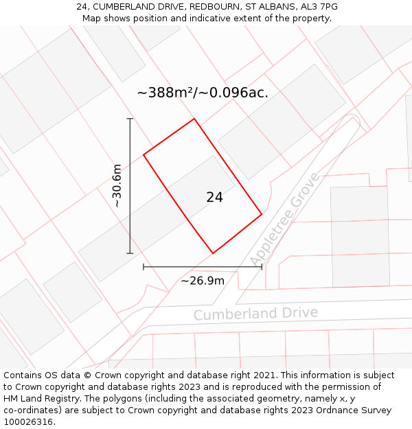 24, CUMBERLAND DRIVE, REDBOURN, ST ALBANS, AL3 7PG: Plot and title map
