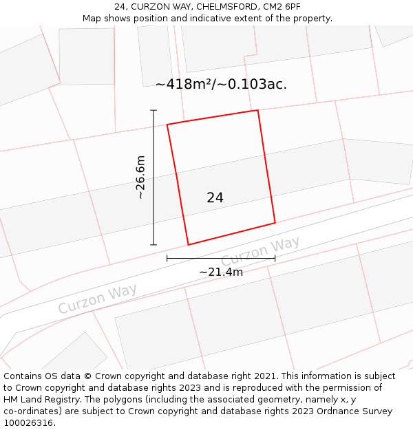 24, CURZON WAY, CHELMSFORD, CM2 6PF: Plot and title map