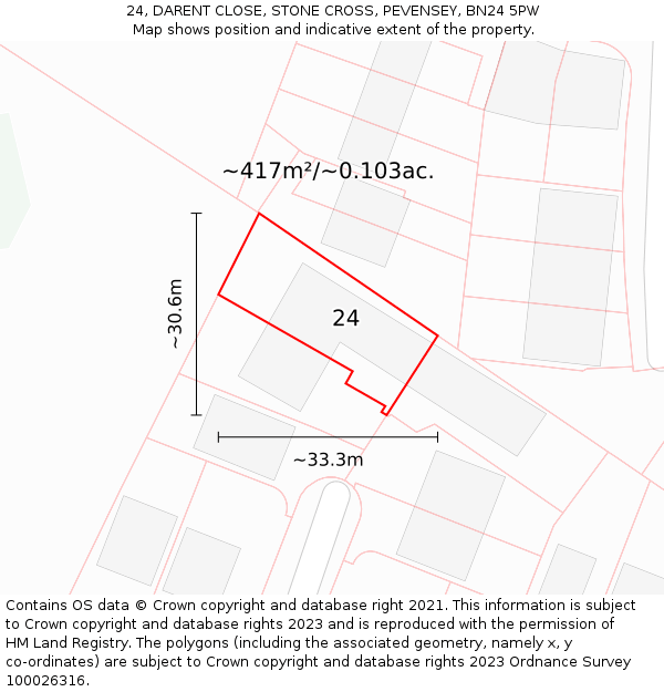 24, DARENT CLOSE, STONE CROSS, PEVENSEY, BN24 5PW: Plot and title map