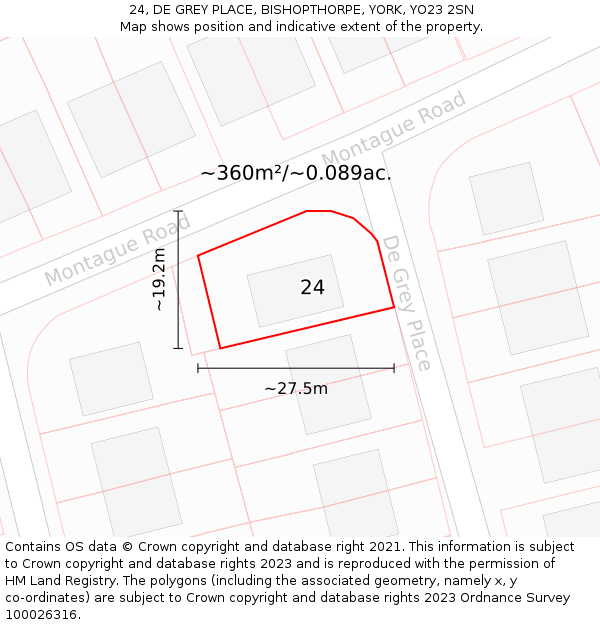 24, DE GREY PLACE, BISHOPTHORPE, YORK, YO23 2SN: Plot and title map