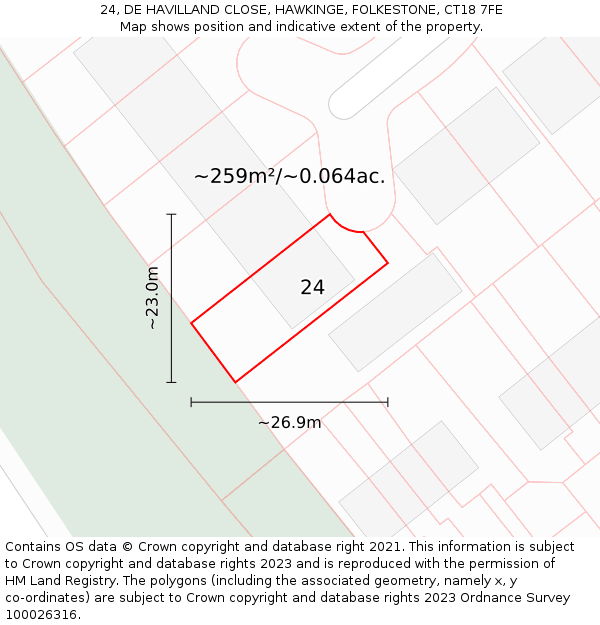 24, DE HAVILLAND CLOSE, HAWKINGE, FOLKESTONE, CT18 7FE: Plot and title map