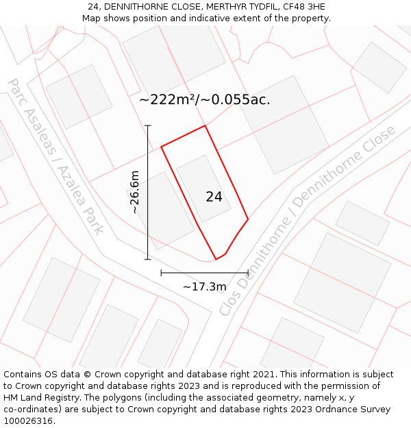 24, DENNITHORNE CLOSE, MERTHYR TYDFIL, CF48 3HE: Plot and title map