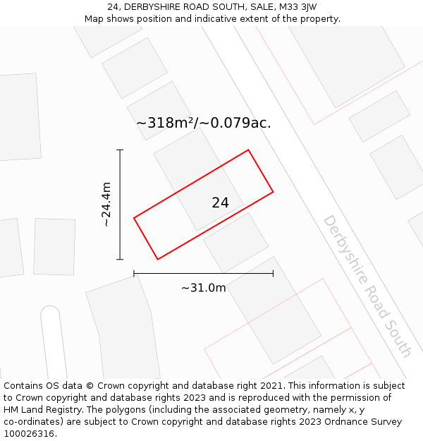 24, DERBYSHIRE ROAD SOUTH, SALE, M33 3JW: Plot and title map