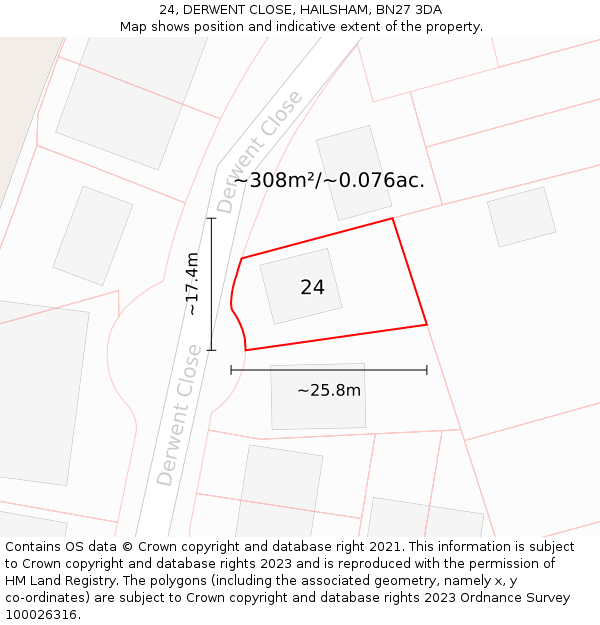 24, DERWENT CLOSE, HAILSHAM, BN27 3DA: Plot and title map