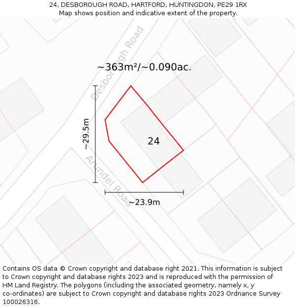 24, DESBOROUGH ROAD, HARTFORD, HUNTINGDON, PE29 1RX: Plot and title map