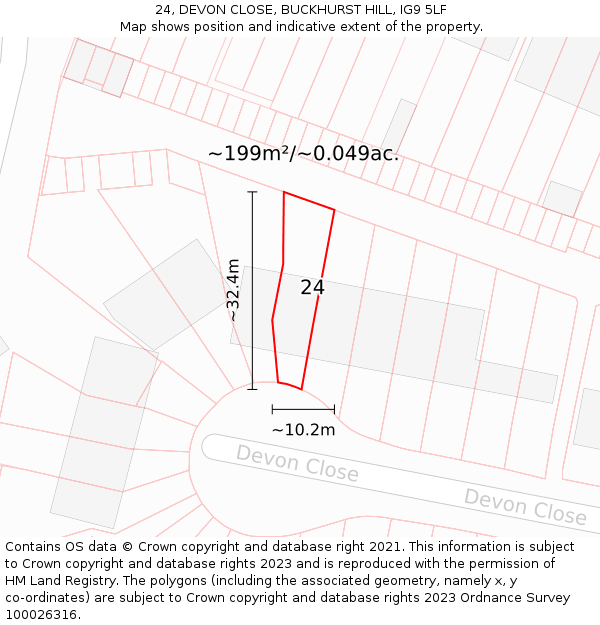 24, DEVON CLOSE, BUCKHURST HILL, IG9 5LF: Plot and title map