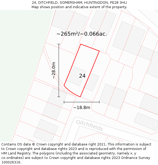 24, DITCHFIELD, SOMERSHAM, HUNTINGDON, PE28 3HU: Plot and title map