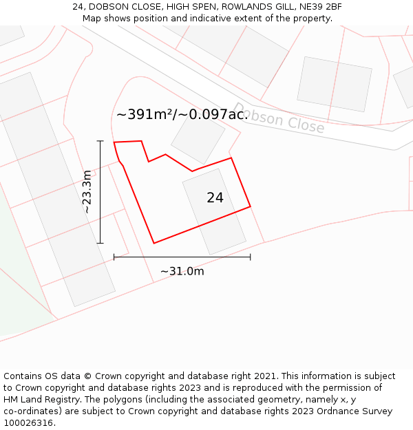 24, DOBSON CLOSE, HIGH SPEN, ROWLANDS GILL, NE39 2BF: Plot and title map