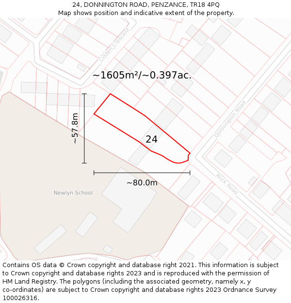 24, DONNINGTON ROAD, PENZANCE, TR18 4PQ: Plot and title map