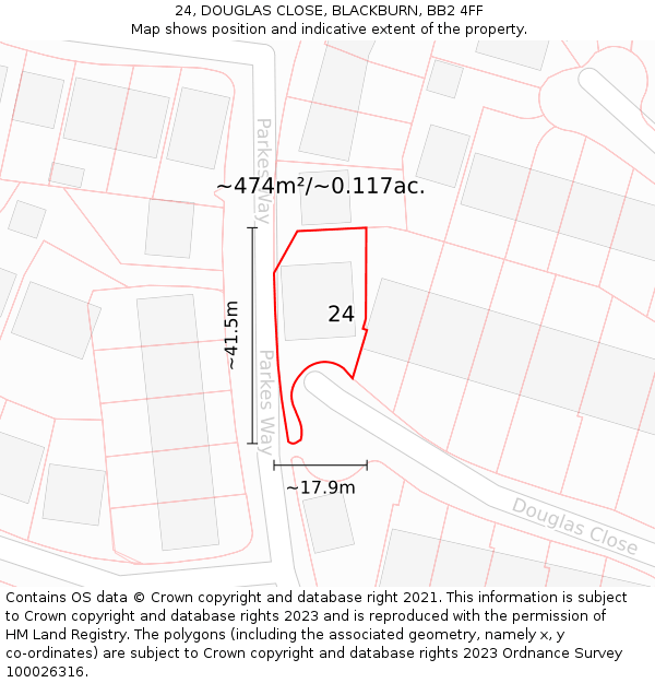 24, DOUGLAS CLOSE, BLACKBURN, BB2 4FF: Plot and title map