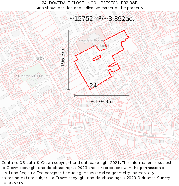 24, DOVEDALE CLOSE, INGOL, PRESTON, PR2 3WR: Plot and title map