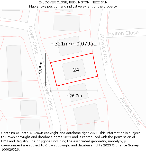 24, DOVER CLOSE, BEDLINGTON, NE22 6NN: Plot and title map