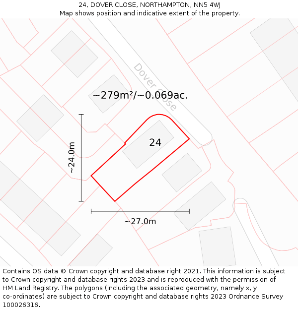 24, DOVER CLOSE, NORTHAMPTON, NN5 4WJ: Plot and title map