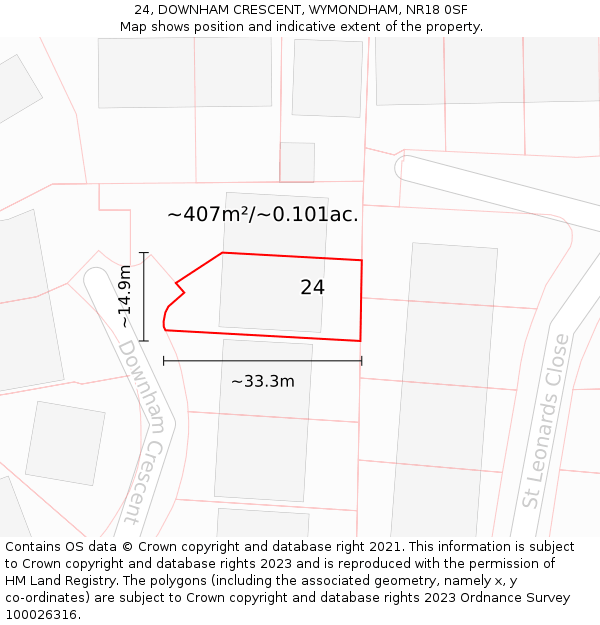 24, DOWNHAM CRESCENT, WYMONDHAM, NR18 0SF: Plot and title map