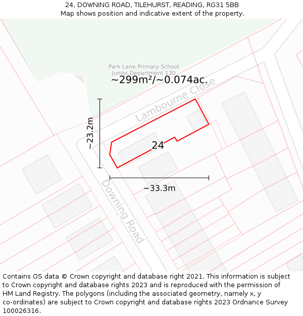 24, DOWNING ROAD, TILEHURST, READING, RG31 5BB: Plot and title map