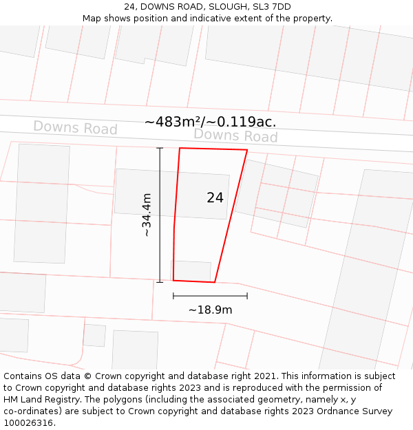 24, DOWNS ROAD, SLOUGH, SL3 7DD: Plot and title map