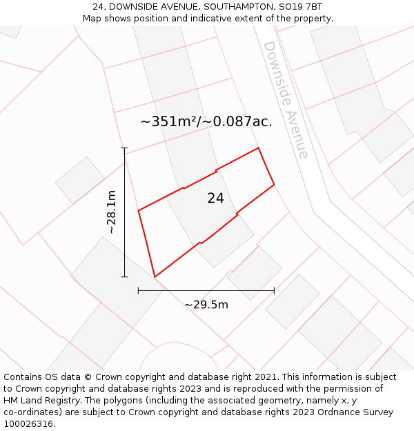 24, DOWNSIDE AVENUE, SOUTHAMPTON, SO19 7BT: Plot and title map