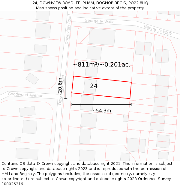 24, DOWNVIEW ROAD, FELPHAM, BOGNOR REGIS, PO22 8HQ: Plot and title map
