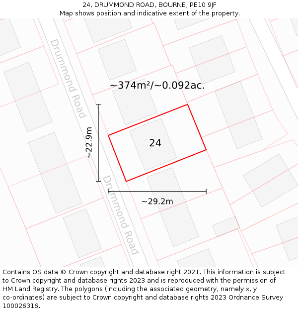 24, DRUMMOND ROAD, BOURNE, PE10 9JF: Plot and title map