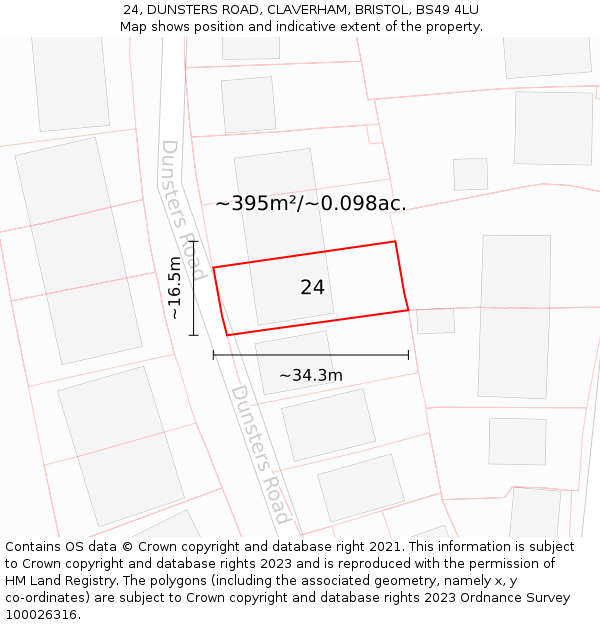 24, DUNSTERS ROAD, CLAVERHAM, BRISTOL, BS49 4LU: Plot and title map