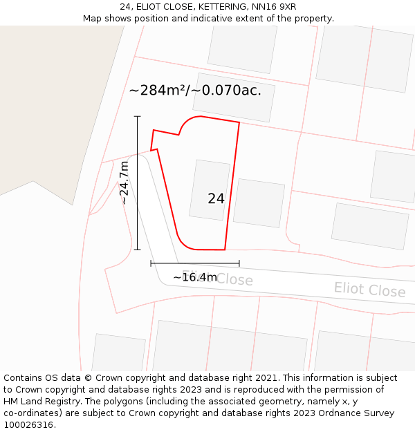 24, ELIOT CLOSE, KETTERING, NN16 9XR: Plot and title map