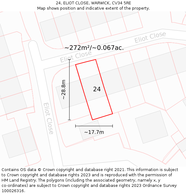 24, ELIOT CLOSE, WARWICK, CV34 5RE: Plot and title map