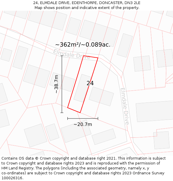 24, ELMDALE DRIVE, EDENTHORPE, DONCASTER, DN3 2LE: Plot and title map