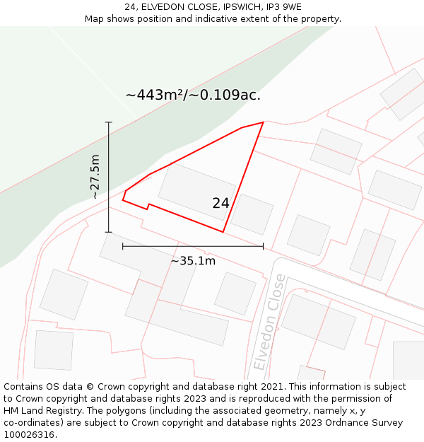 24, ELVEDON CLOSE, IPSWICH, IP3 9WE: Plot and title map