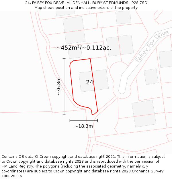 24, FAIREY FOX DRIVE, MILDENHALL, BURY ST EDMUNDS, IP28 7SD: Plot and title map