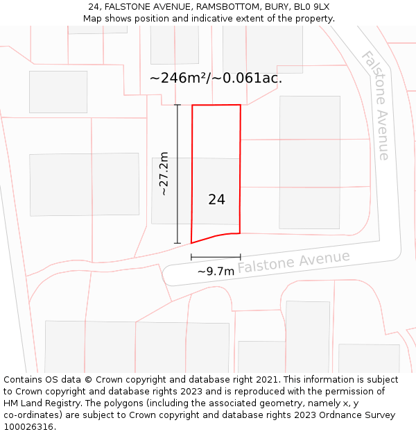 24, FALSTONE AVENUE, RAMSBOTTOM, BURY, BL0 9LX: Plot and title map
