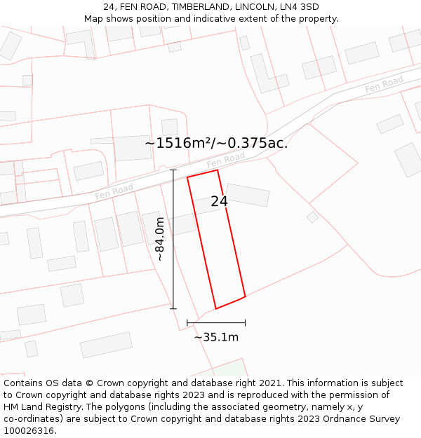 24, FEN ROAD, TIMBERLAND, LINCOLN, LN4 3SD: Plot and title map