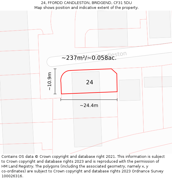 24, FFORDD CANDLESTON, BRIDGEND, CF31 5DU: Plot and title map