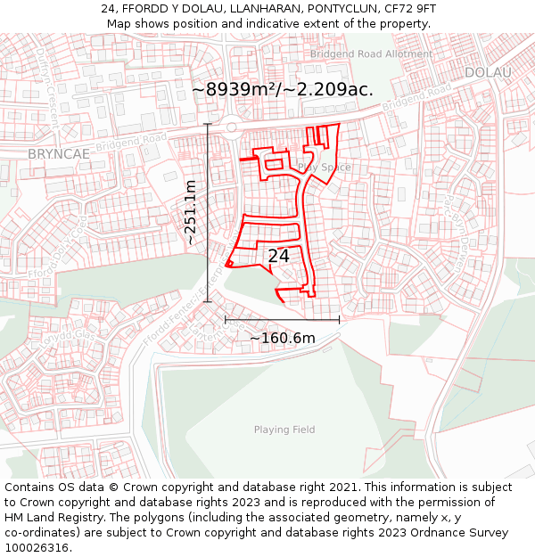 24, FFORDD Y DOLAU, LLANHARAN, PONTYCLUN, CF72 9FT: Plot and title map