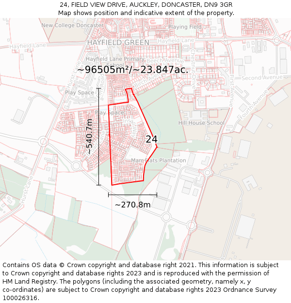 24, FIELD VIEW DRIVE, AUCKLEY, DONCASTER, DN9 3GR: Plot and title map